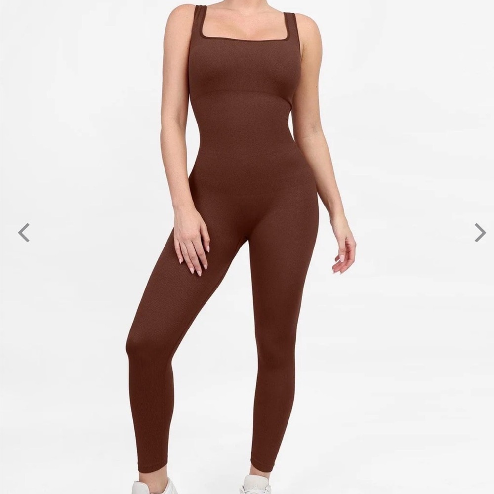 Popilush Seamless Square Neck One Piece Sport Jumpsuit in brown worn once